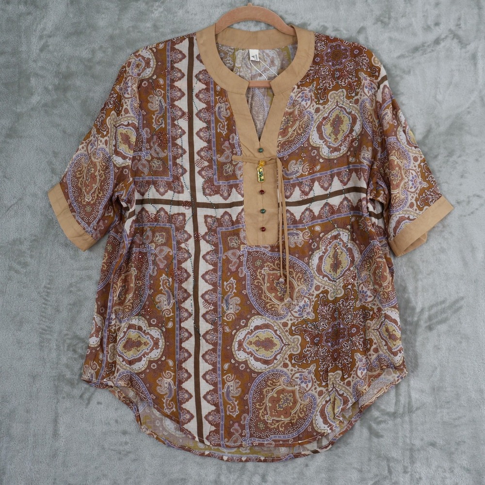 SooLinen Paisley Top Womens 2X Brown Boho Bohemian Casual Hippie‎ Retro 70s NWT